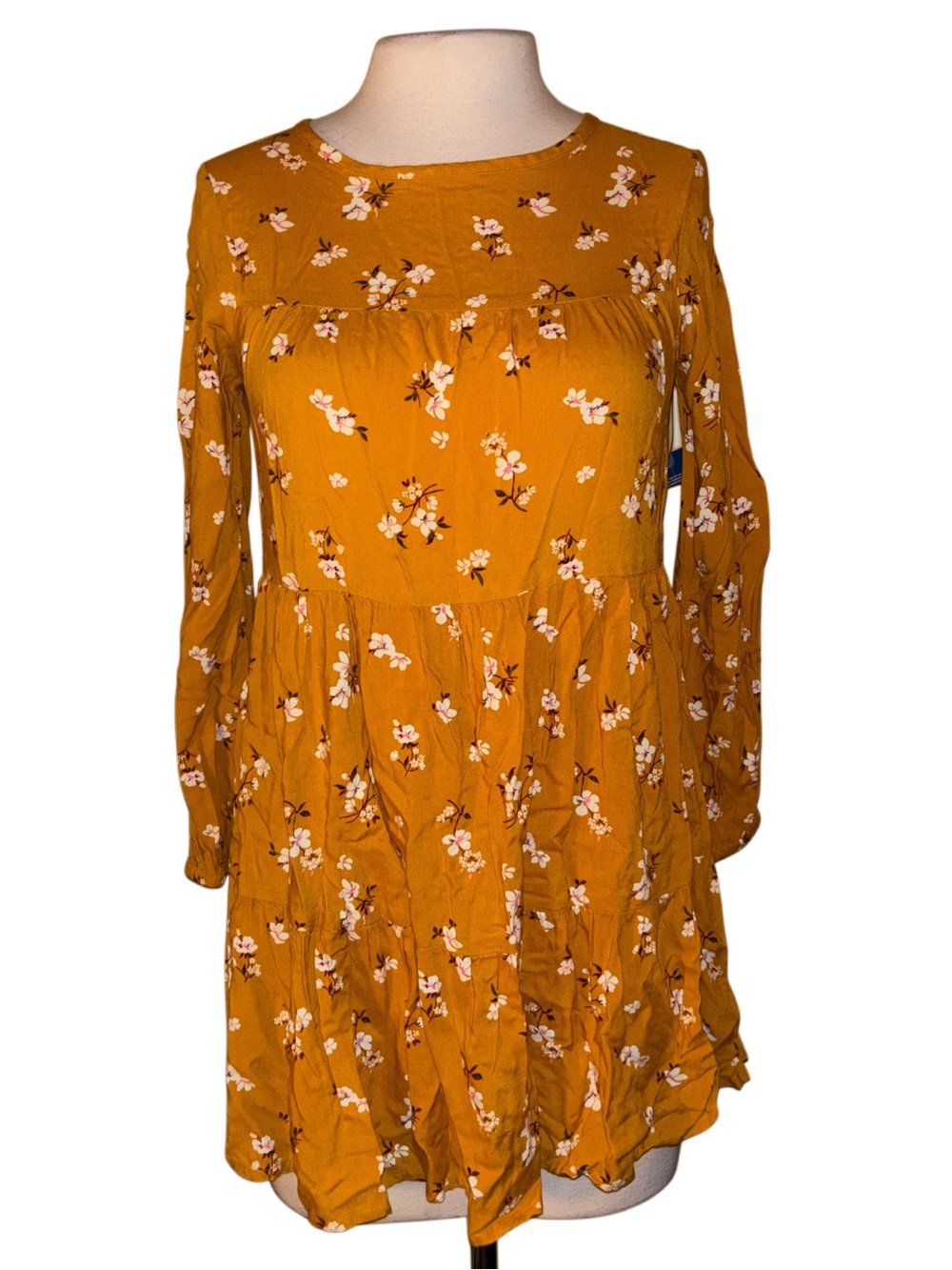 Women's Mustard Floral Long Sleeve Babydoll Dress